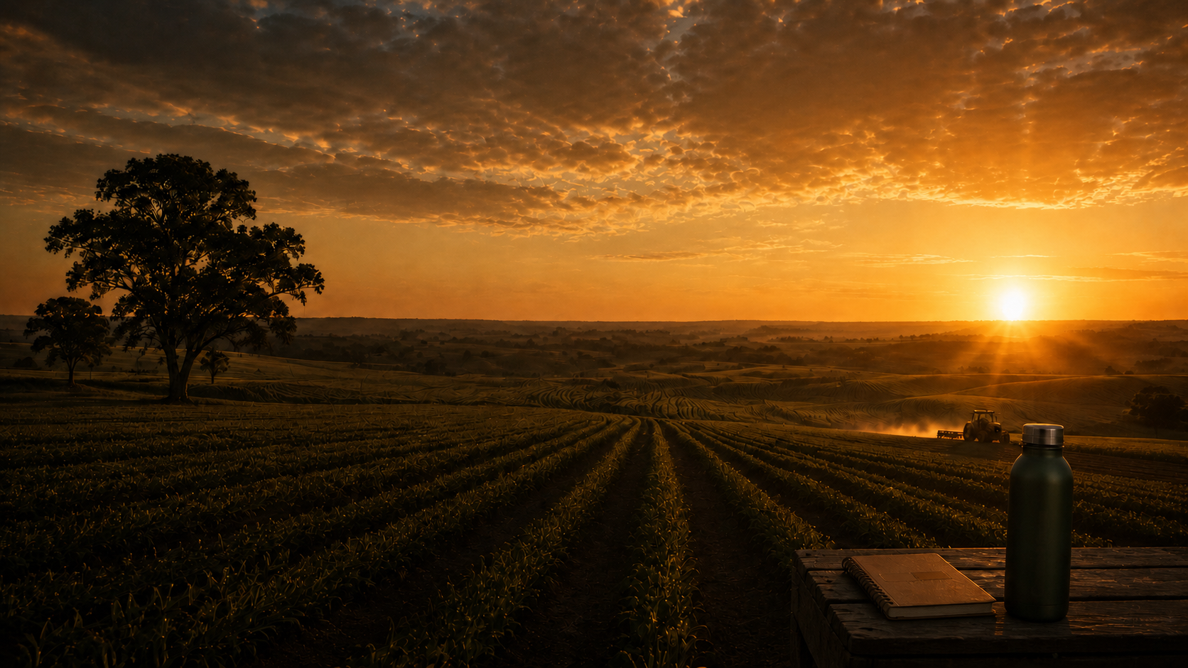 Brindes corporativos em uma paisagem do agronegócio ao pôr do sol