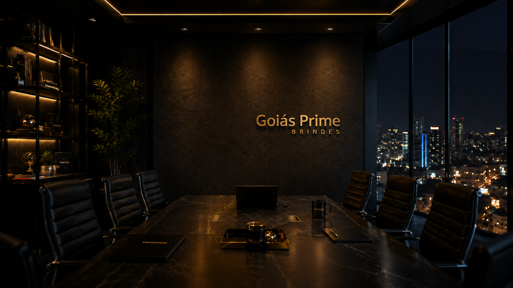 Sala executiva com a identidade Goiás Prime integrada à arquitetura
